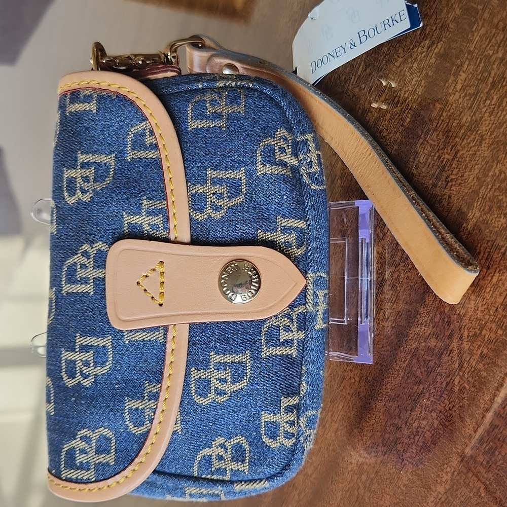 Dooney & Bourke Denim Blue and Tan Logo Flap Wristlet NWT